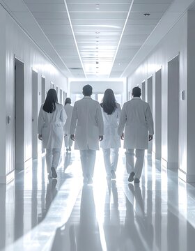 Medical professionals walking down a bright hospital corridor (555)
