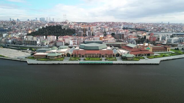 Centered drone shot of Halic Congress Center in Istanbul