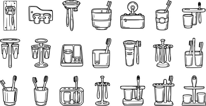 Personal Care Dental Hygiene Toothbrush Holders and Toothbrushes Line Art Icons Set. Bathroom Organizers in Black and White Outline Doodle Style Vector.
