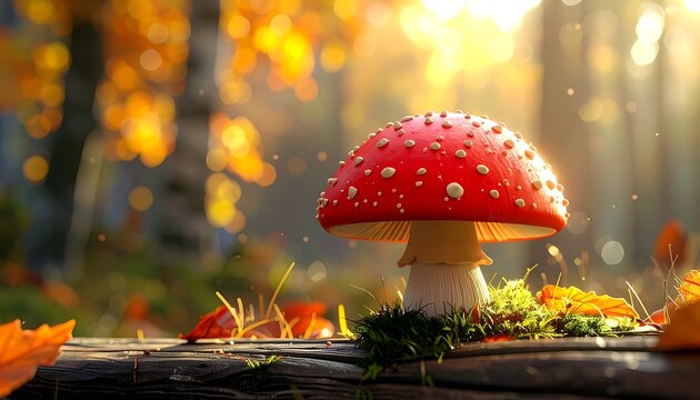 Vibrant red fly agaric mushroom with white spots glows in warm autumn forest sunlight, surrounded by fallen orange leaves and moss on a log