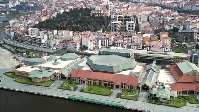 Centered drone shot of Halic Congress Center in Istanbul zoom-out