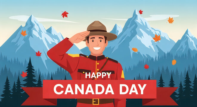 Happy canada day celebration with mountie in canadian mountains
