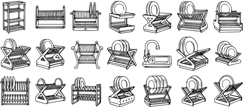 Household Kitchenware: Black and White Line Art Set of Various Dish Racks, Dish Drainers, and Kitchen Sink Designs. Outline Vector Icons Collection.