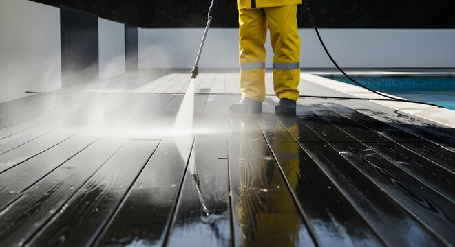 Professional Pressure Washing Service Cleans Outdoor Decking Near Swimming Pool