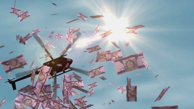 Afghanistan Afghani Afghan money banknotes helicopter money dropping. 100 AFN notes abstract 3d concept of inflation, money printing, finance, economy, crisis and quantitative easing.