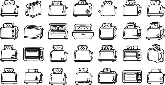 Black  White Line Art Icons: Diverse Food Industry Toasters  Kitchen Appliances Collection for Breakfast, Home,  Restaurant Menus