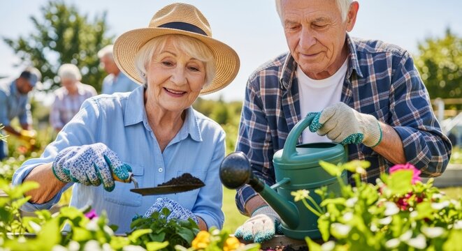 Senior woman and senior man gardener working in garden together. Elderly couple planting flowers in soil with trowel and watering can. Active lifestyle and hobby in retirement concept.