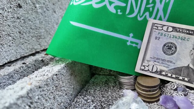 Saudi Arabia flag, US fifty dollar bill, and coins symbolize Middle Eastern finance.