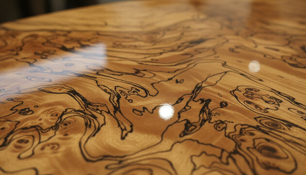 Polished spalted maple burl wood veneer texture with black ink lines