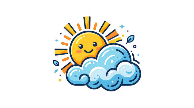 Cartoon sun with smiling face behind blue fluffy cloud with sparkles and leaves transparent background
