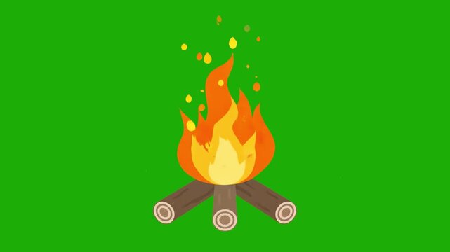 A stylized 2D vector animation of a campfire with burning wooden logs and rising sparks, set against a solid green screen for compositing. Suitable for outdoor, camping, or storytelling themes.