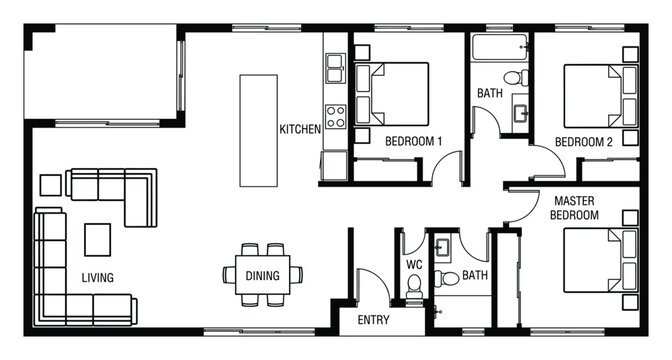 Four bedroom family home floor plan blueprint master suite living dining kitchen baths entry.