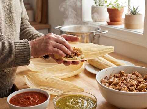 Mexican adult hands wrapping traditional tamales corn husks masa filling close cooking authentic - skilled culinary preparation showing cultural heritage technique with fresh ingredients on rustic