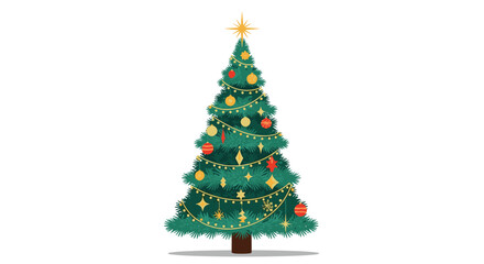 Obraz premium Beautifully decorated evergreen Christmas tree with golden ornaments, red baubles, and a shining star on top.
