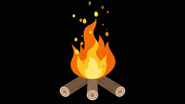 An animated, stylized campfire with crackling flames on logs against a black background. Ideal for camping themes, adventure stories, or game environment assets.