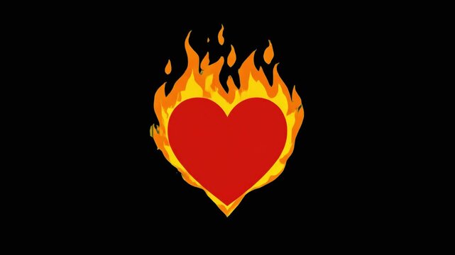 A bold, graphic 2D animated red heart shape is engulfed in roaring yellow and orange cartoon fire flames. The looping vector element stands out vividly against a pitch-black background, symbolizing in