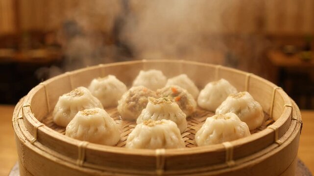 Steaming Soup Dumplings in Bamboo Steamer Basket, Asian Cuisine Food Photography