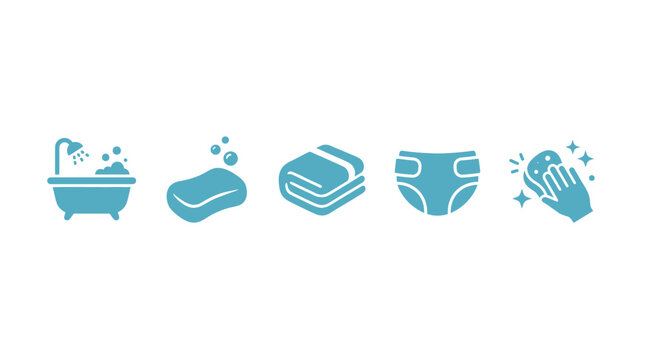 Baby Bath Time Icons: Bathtub, Soap, Towel, Diaper, Cleaning Hand