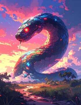 A colorful serpent with glowing eyes amidst a vibrant landscape