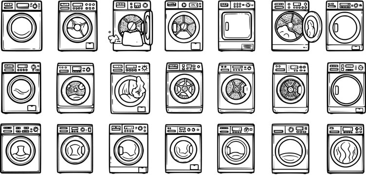 Laundry Room Household Appliances Black and White Line Art Icons Set. Doodle Outline Collection of Washing Machines and Dryers for Home Cleaning.