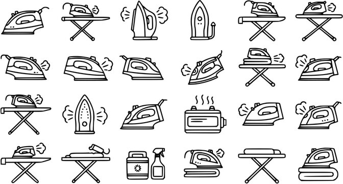 Household Laundry Ironing Appliances Outline Icons Set. Steam Iron, Ironing Board, and Garment Care Black  White Line Art Vector Collection.