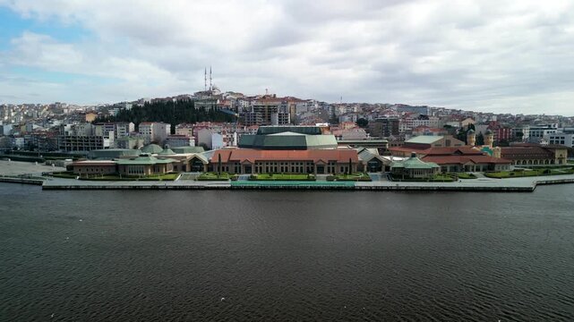 Halic Congress Center in Istanbul Turkey, fly away shot