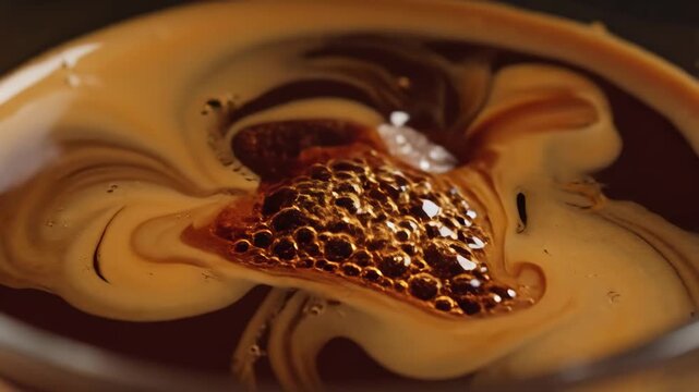 A detailed macro view of white sugar cubes melting and breaking down in a warm brown liquid, creating golden bubbles and syrupy swirls. This visual represents sweetness, solubility, or the preparation