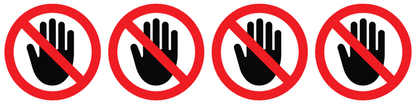 Don't touch vector icons set with warning hand symbols for safety and restricted access design.