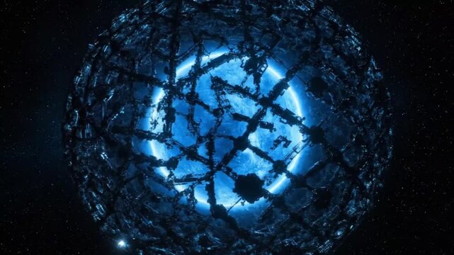 Futuristic Dyson Sphere Construction Around a Bright Blue Star
