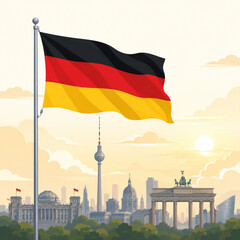 German Flag Waving with Berlin Skyline Landmarks © Greener