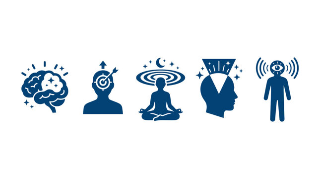 Human Mind and Consciousness Icons: Brain, Focus, Meditation, Insight, Awareness