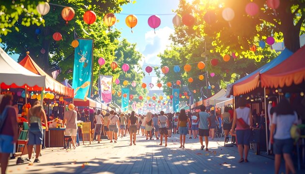 Vibrant outdoor festival market scene sunny.