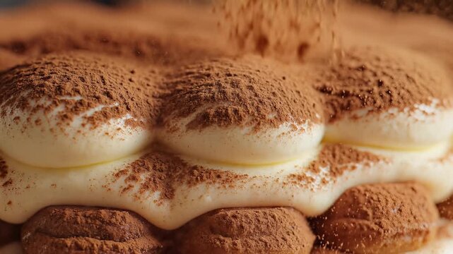 Delicious Tiramisu Dessert Close-Up with Cocoa Powder Dusting.
