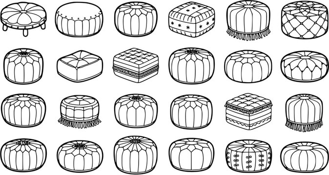 Black and White Line Art Illustrations of Various Poufs and Ottomans