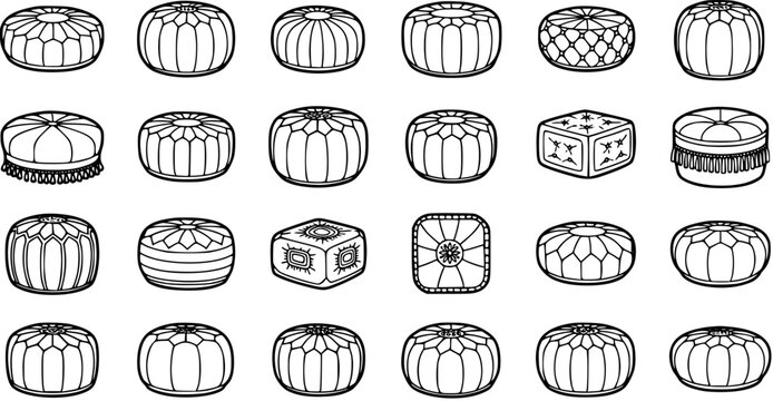 Home Decor  Furniture Pouf and Ottoman Icons. Black  white line art vector set showcasing various footstools and cushions for interior design.