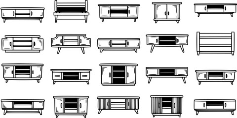 Black and White Line Art Collection of Various Furniture TV Stands and Cabinets © pixsource