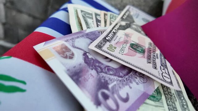 Lebanon and USA flags accompany a stack of dollar bills and a red passport.