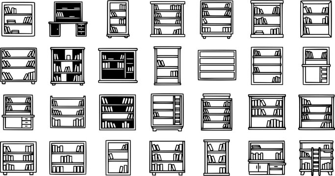 Black and White Line Art Icons of Various Bookshelf Designs, Library Furniture, Storage Shelves