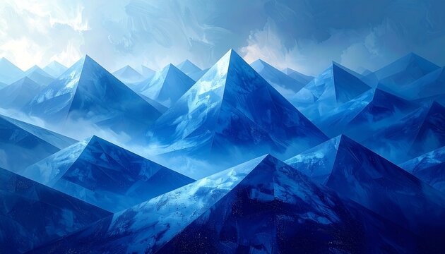 A digital artwork depicting snow-capped mountains under a cloudy sky