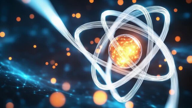An animation displays an atomic model with electrons orbiting around a nucleus while energy waves pulse in a dark space