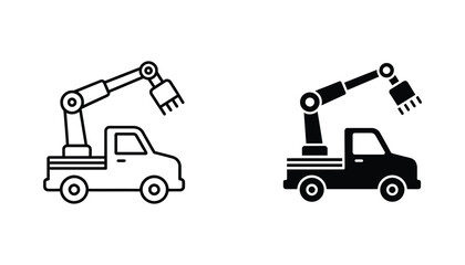 Industrial truck with crane arm in outline and solid black silhouette vector icon for construction and logistics © Sonali