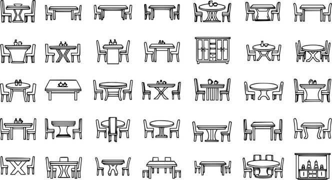 Black and White Line Art Vector Icons of Dining Tables and Chairs for Interior Design