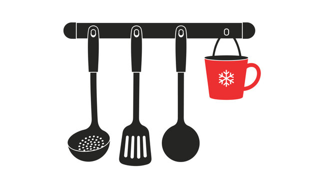 Kitchen utensil rack with ladles, spatulas, and a red festive mug with a snowflake pattern hanging on it.