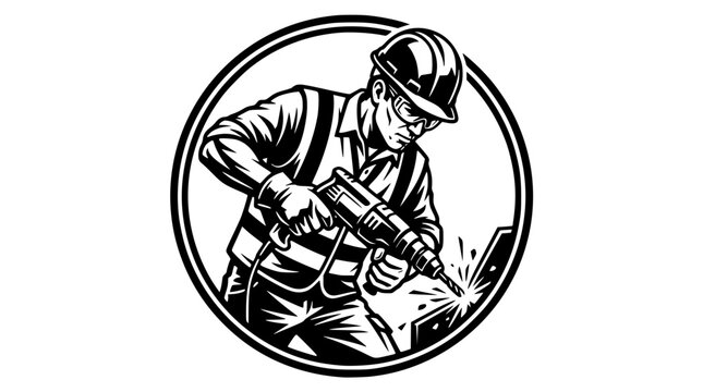 Man wearing hardhat using power drill on metal piece