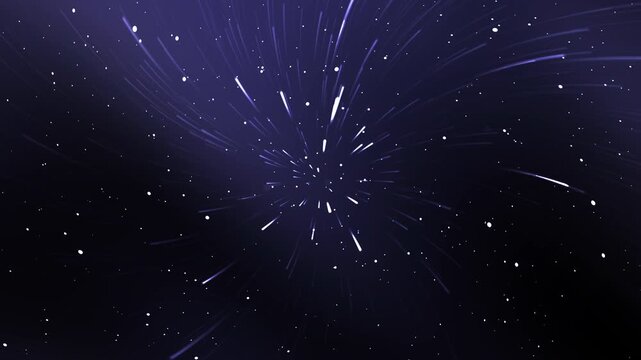 A dark purple background featuring radiating light streaks and scattered glowing dots simulating a warpspeed view