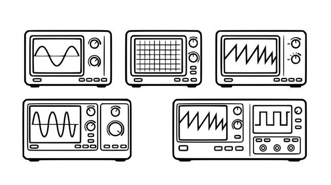 Various oscilloscopes with different waveforms on their screens displayed