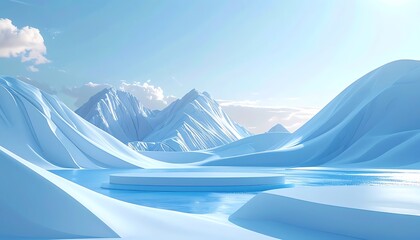 Fototapeta premium Winter landscape with frozen lake and icy mountains, a futuristic podium for product display, serene blue sky with clouds, cool tones, winter wonderland