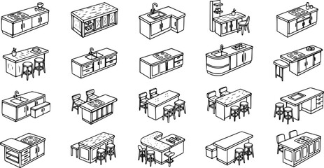 Obraz premium Black and White Line Art Kitchen Islands and Stools, Vector Illustrations of Furniture