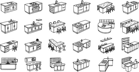 Fototapeta premium Kitchen Furniture Appliances Line Art Icons: Island, Counter, Sink, Stove, Bar