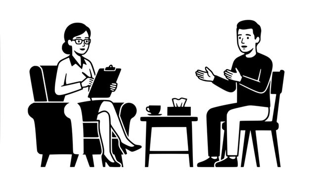 Woman taking notes while man talks in therapy session